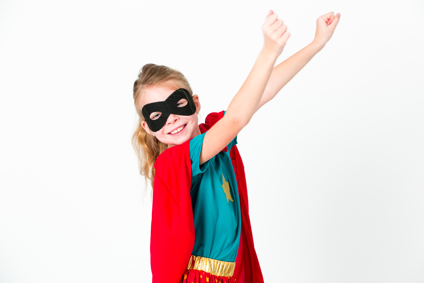 blond supergirl with black mask and red cape